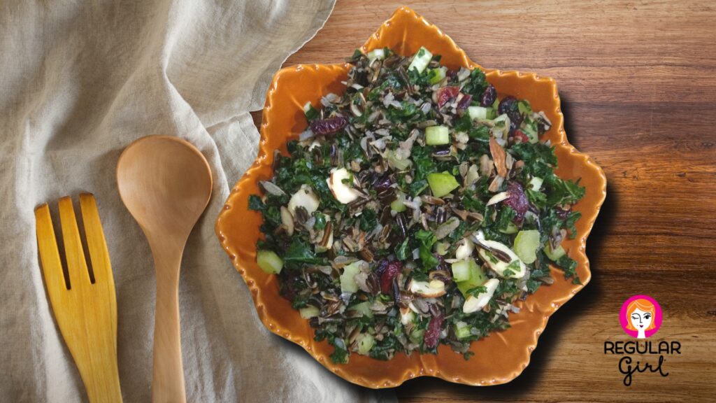 Wild Rice and Kale Salad in orange leaf bowl
